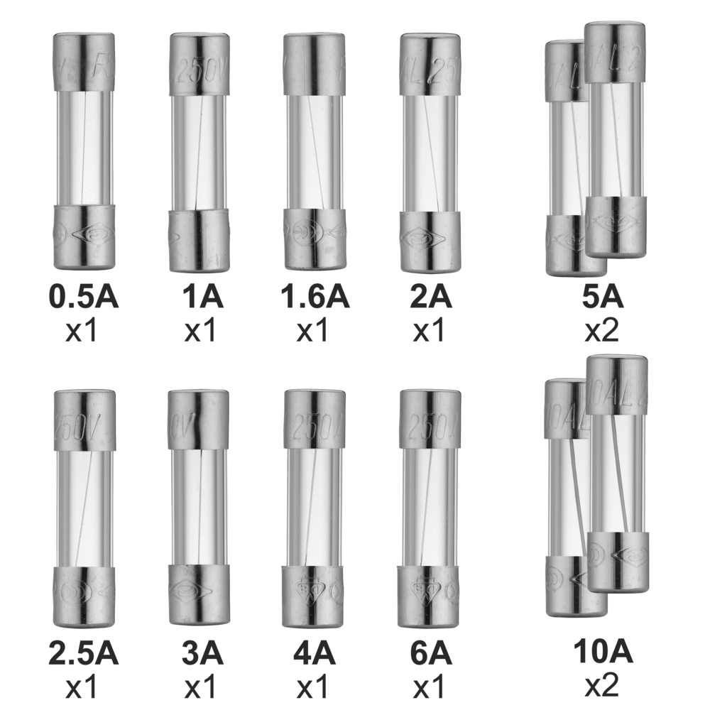 12 FUSIBLES VERRES 1X(0,5A, 1,6A, 1A, 2A, 2,5A, 3A, 4A, 6A) 2X(5A,10A) - DEBFLEX - 715019