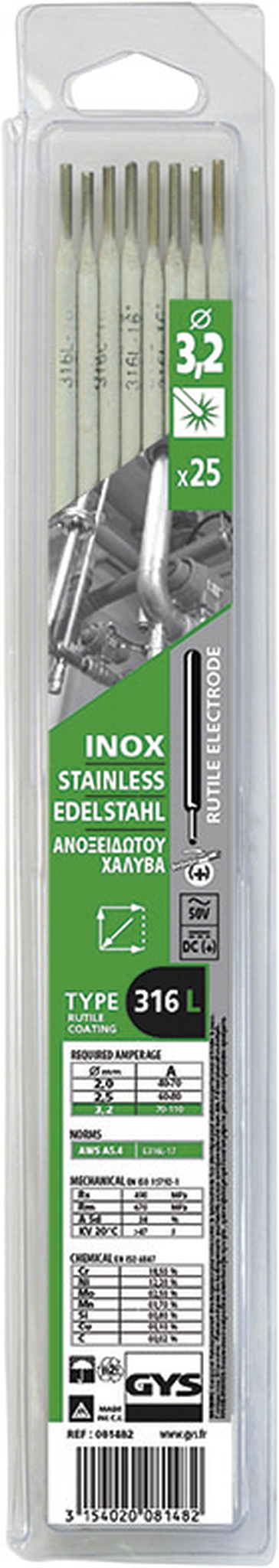 Électrodes inox GYS 316L Ø 3,2 lot de 25 - 081482