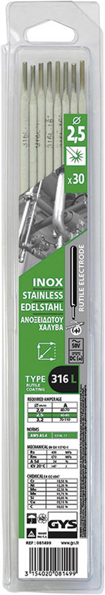 Électrodes inox GYS 316L Ø 2,5 lot de 30 - 081499