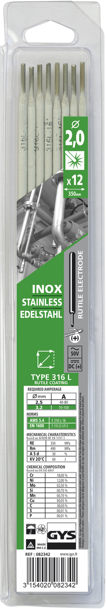 Électrodes inox GYS 316L Ø 2,0 lot de 12 - 082359