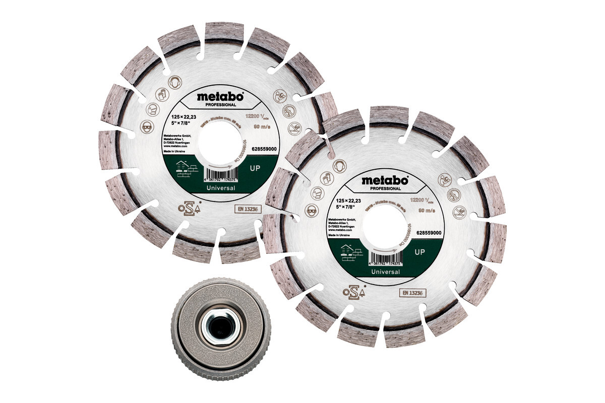 Set : 2 x meules de tronçonnage diamantées 125x22,23mm, « UP » + 1 x écrou de serrage rapide M 14 - METABO - 628582000