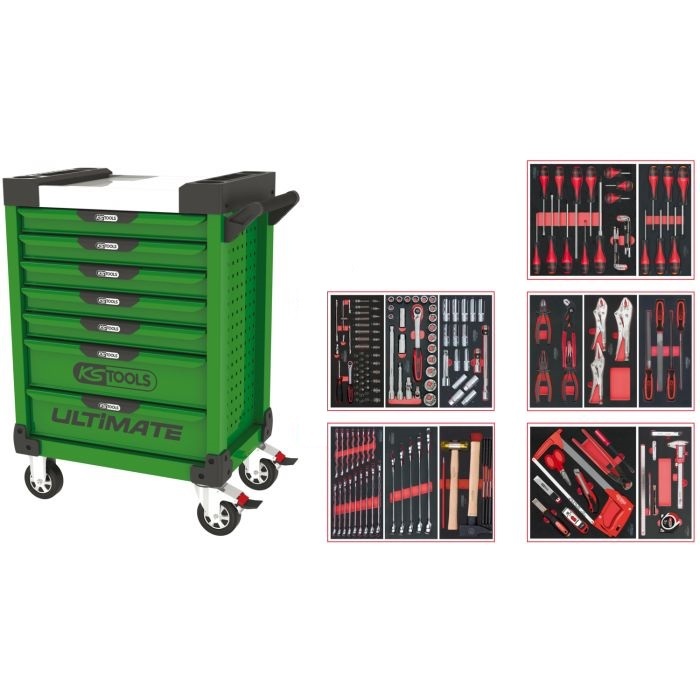 Servante ULTIMATE verte 7 tiroirs équipée de 187 outils KS TOOLS - 817.7186