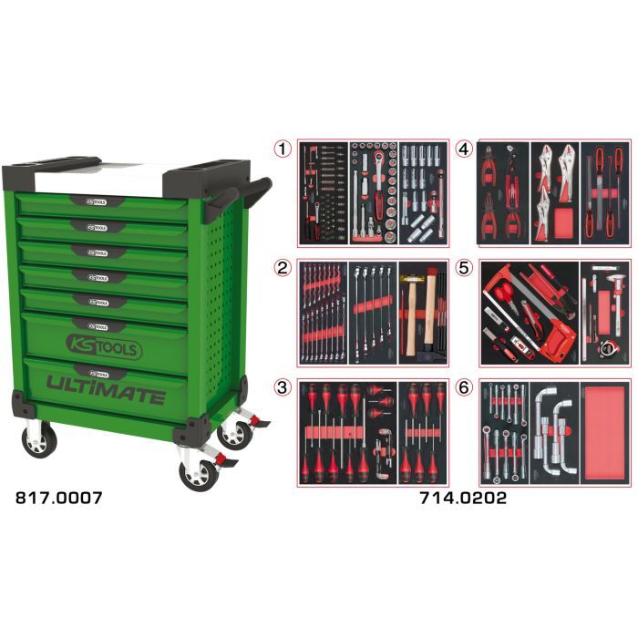 Servante ULTIMATE verte 7 tiroirs équipée de 202 outils KS TOOLS - 817.7202