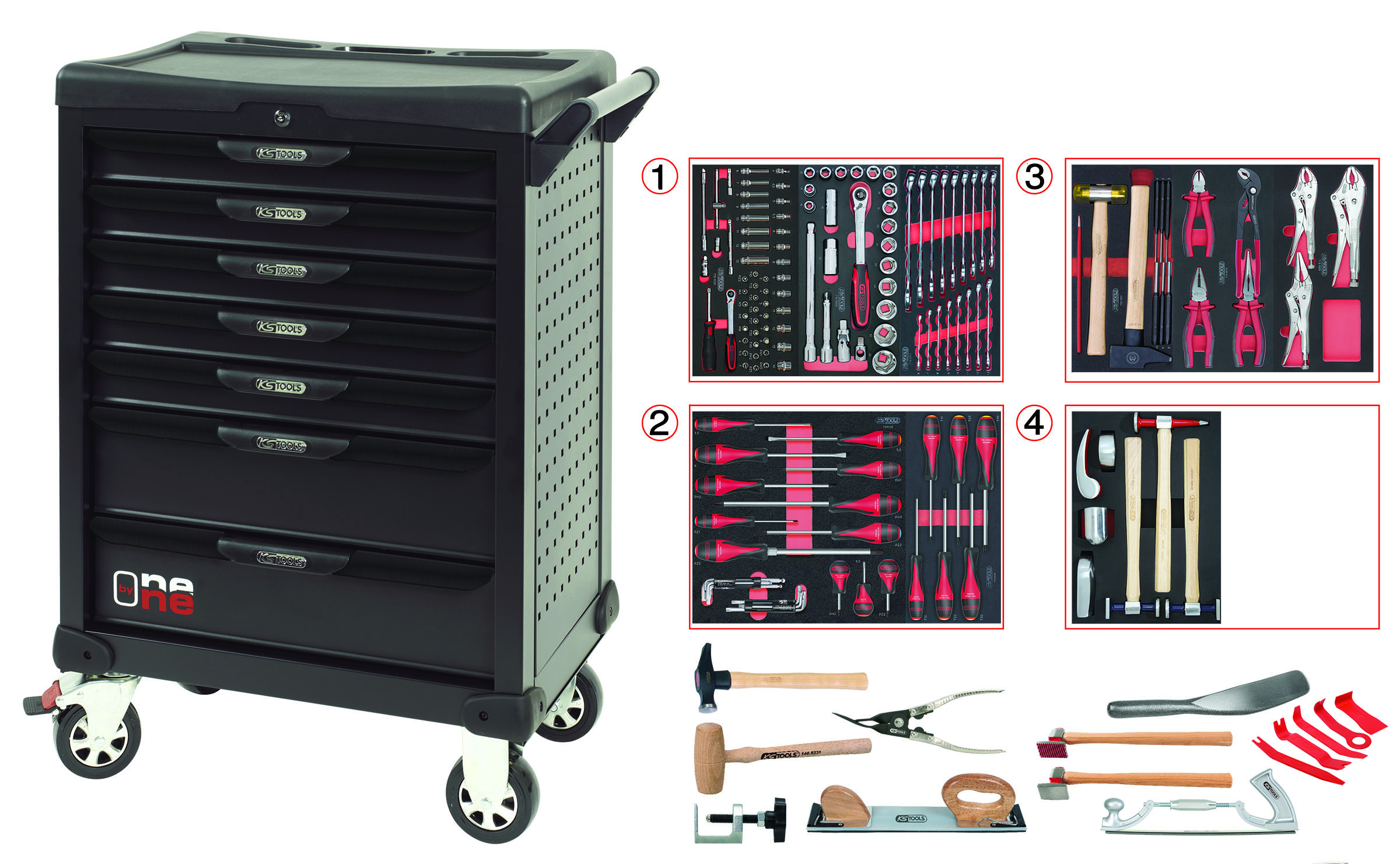 Servante OnebyOne 7 tiroirs avec composition d'outils pour la carrosserie, 166 pièces KS TOOLS - 823.7154