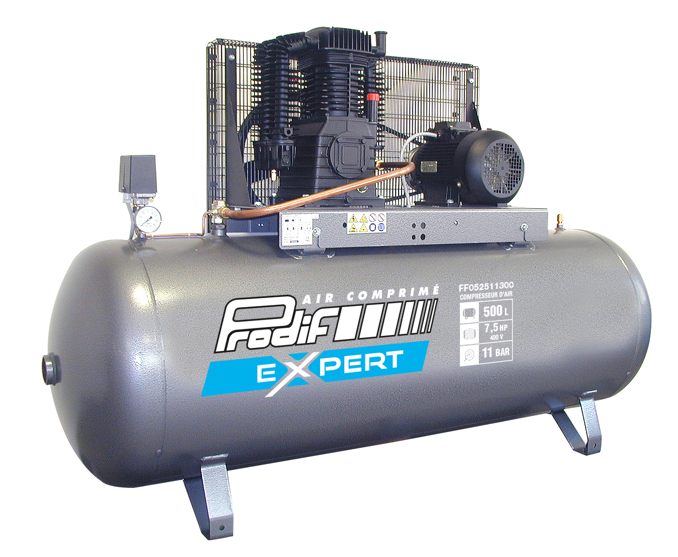 Compresseur fixe PRODIF à courroie 500 litres 11 bar 400V, 7,5CV, bi-cylindre - FF052511300