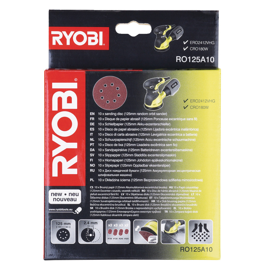 10 disques RYOBI RO125A10 diamètre 125 mm grain 100 / 120 / 240 / 320 - 5132002608