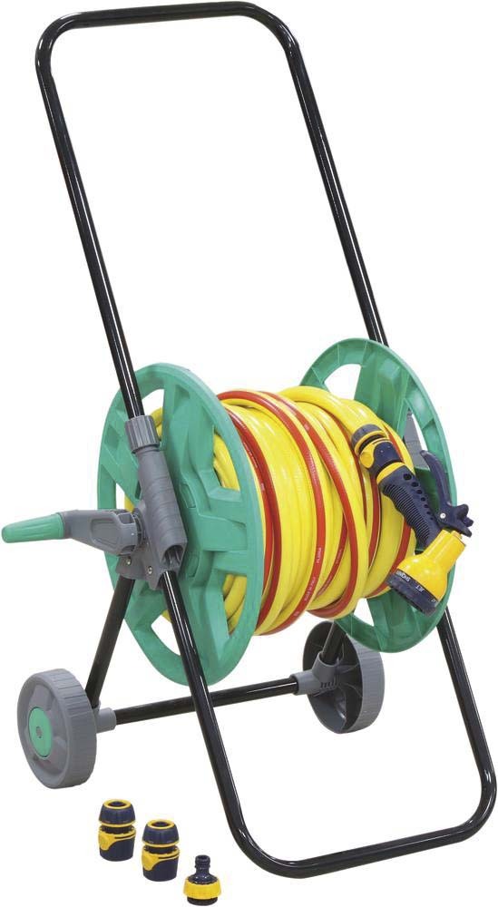 Enrouleur équipé de 25m de tuyau d'eau 15mm et accessoires SODIGREEN - 18495