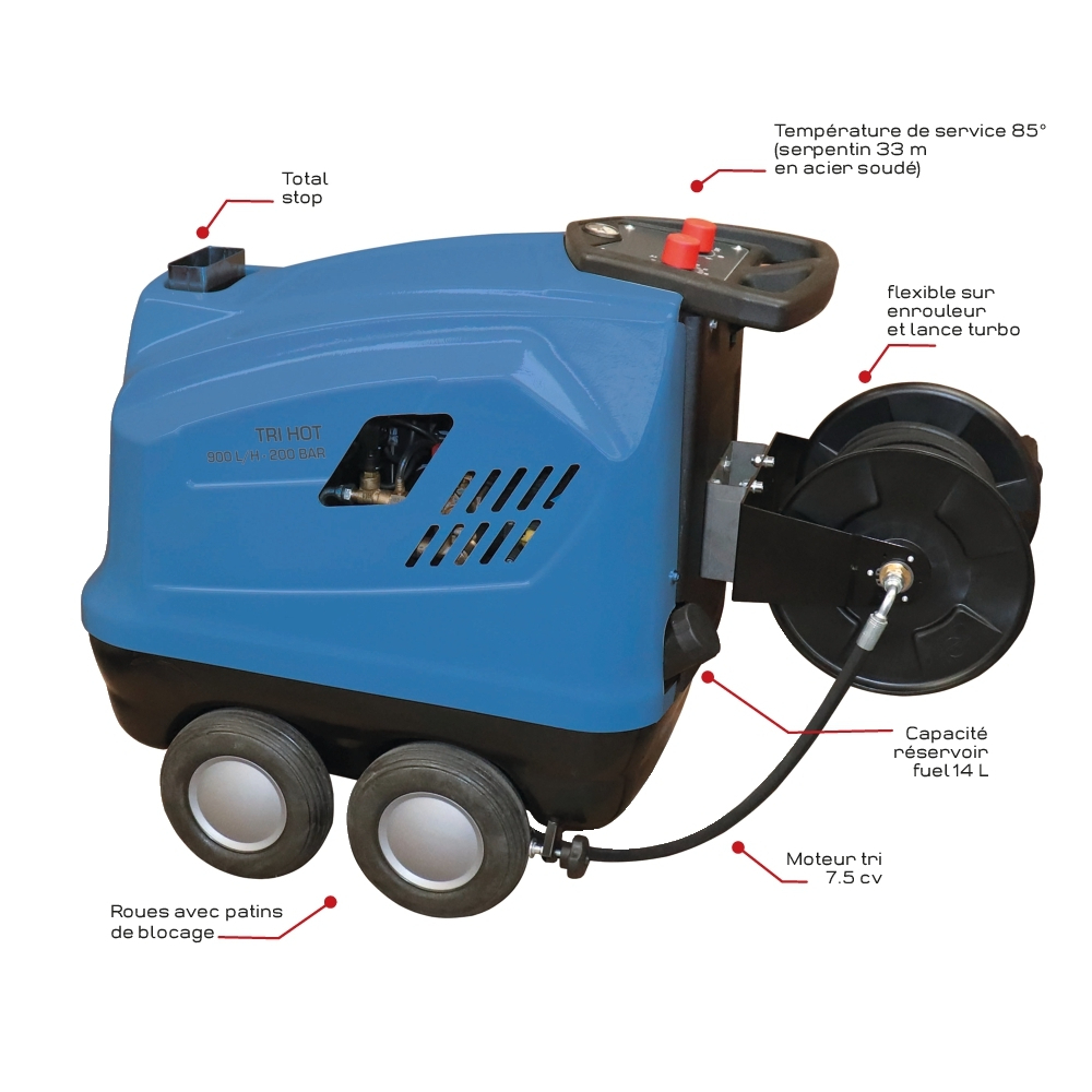 NETTOYEUR HP EAU CHAUDE TRI 900L/H 200 BARS + ENR 20M + TURBO - SCHNEIDER NHP - 50098