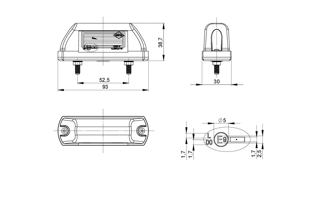 Feu éclaireur de plaque led 12/24v entraxe 52,5mm - 79605