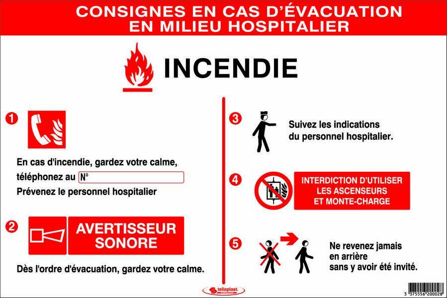 CONSIGNES INCENDIE EN MILIEU HOSPITALIER 450X300mm TALIAPLAST - 620002