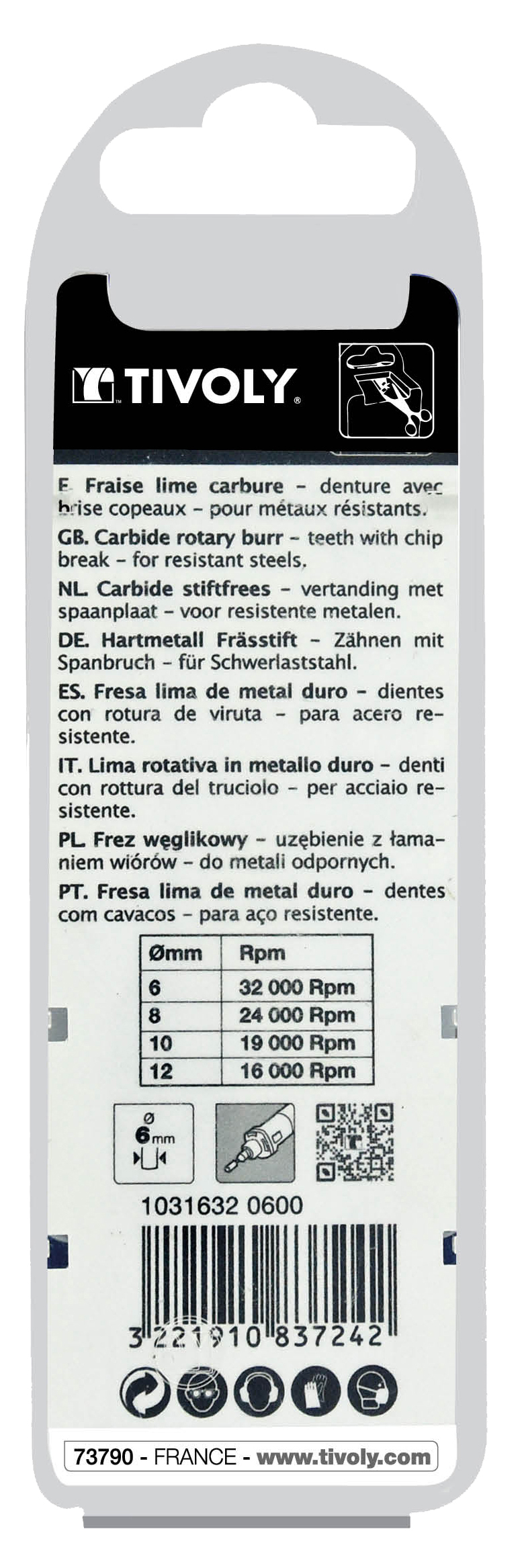 Fraise lime carbure Cylindrique en bout Denture normale brise copeaux Forme D # / Ø: 6 / d2: 6 / L: 50 TIVOLY - 10316320600
