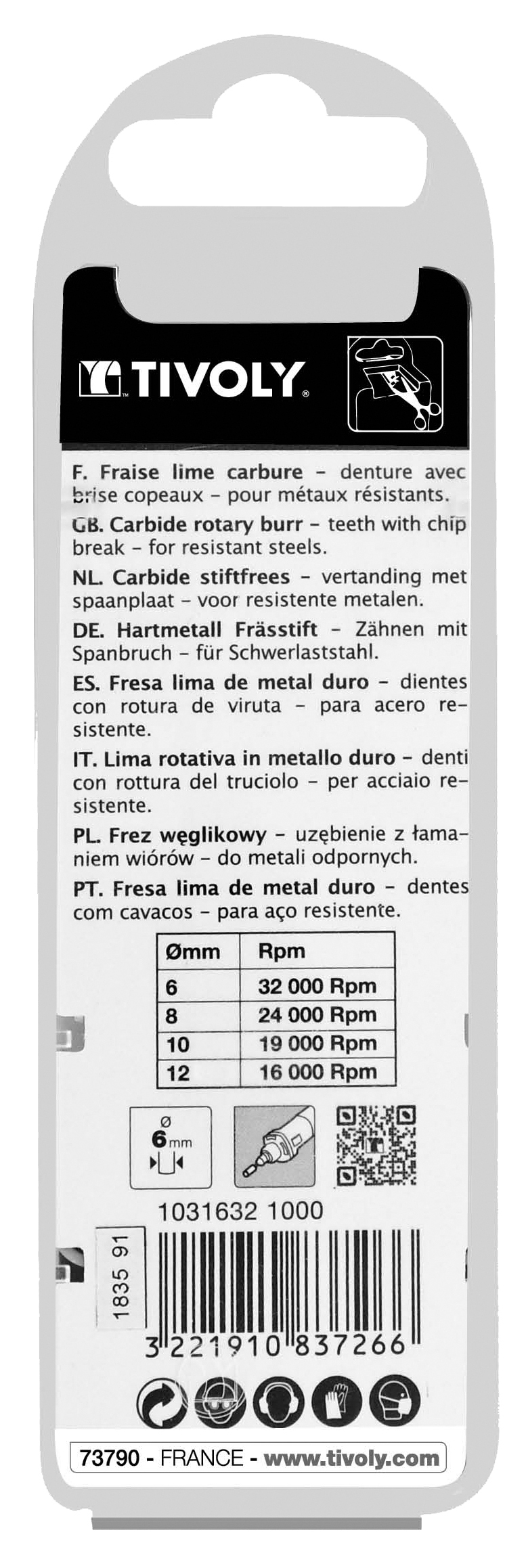 Fraise lime carbure Cylindrique en bout Denture normale brise copeaux Forme D # / Ø: 10 / d2: 6 / L: 65 TIVOLY - 10316321000