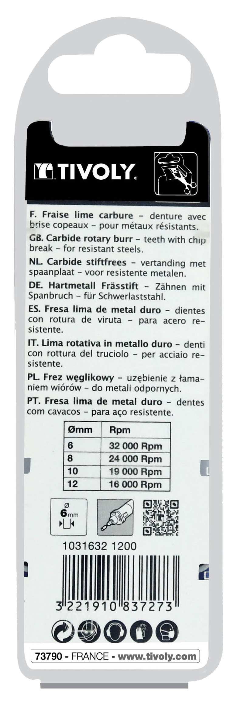Fraise lime carbure Cylindrique en bout Denture normale brise copeaux Forme D # / Ø: 12 / d2: 6 / L: 70 TIVOLY - 10316321200