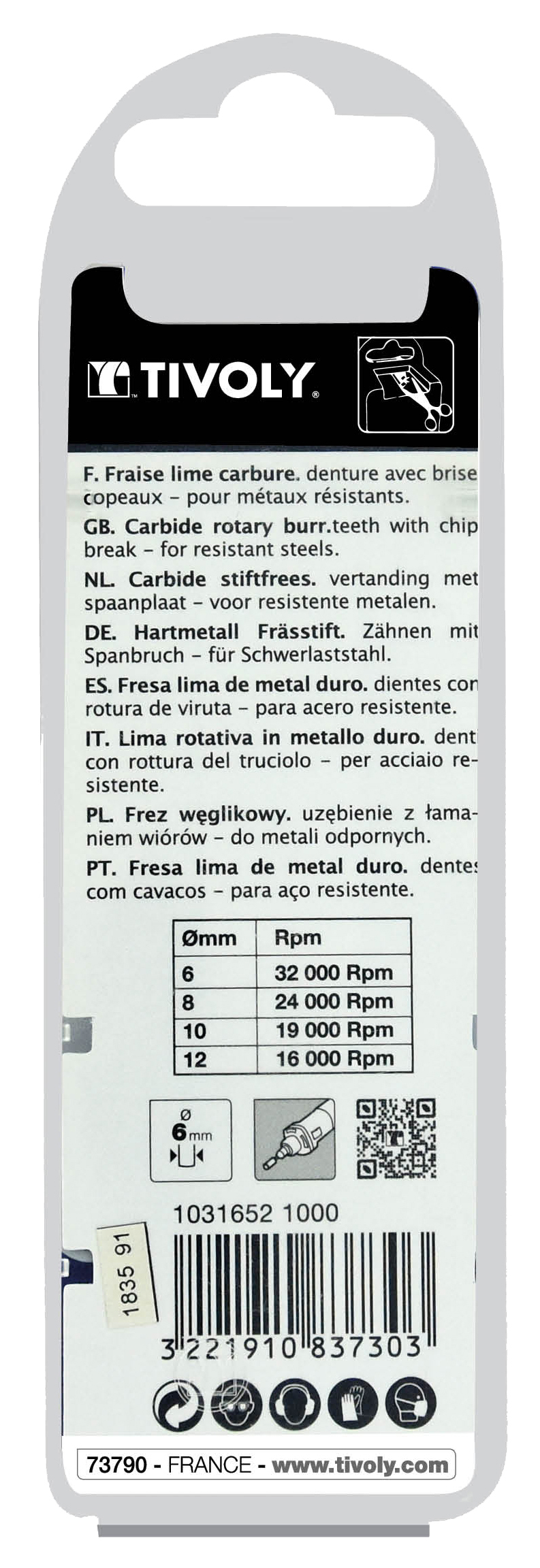 Fraise lime carbure Cylindrique à rayon Denture normale brise copeaux Forme D # / Ø: 10 / d2: 6 / L: 65 TIVOLY - 10316521000