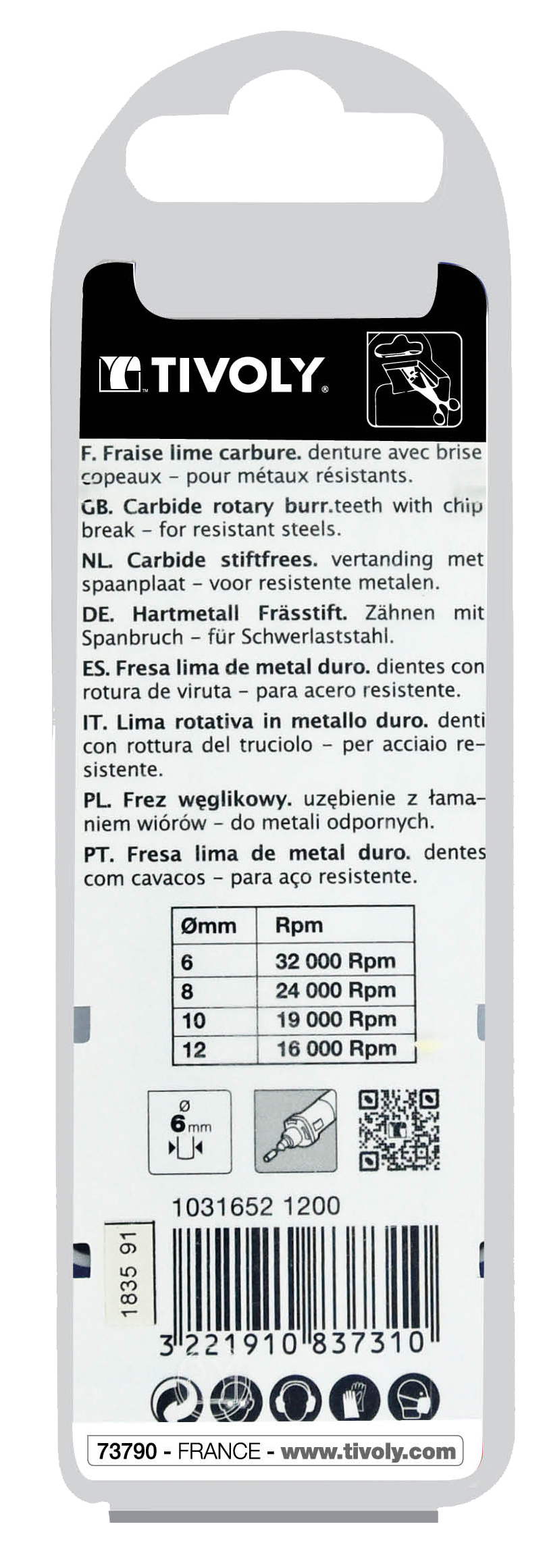 Fraise lime carbure Cylindrique à rayon Denture normale brise copeaux Forme D # / Ø: 12 / d2: 6 / L: 70 TIVOLY - 10316521200