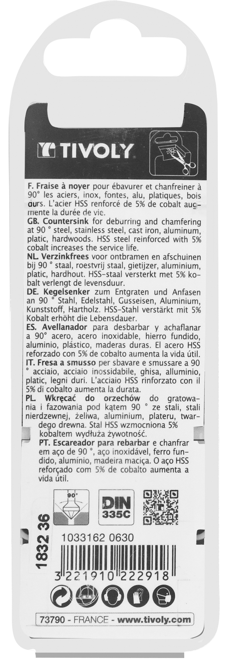 Fraise à noyer 90° HSS-E5 -DIN 335C -Queue cylindrique / Ø: 6.3 / L: 45 TIVOLY - 10331620630