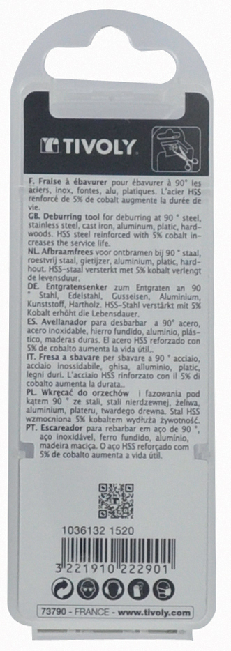 Fraise à ébavurer à trou 90° HSS-E5 -TivolyNorm -Queue cylindrique / Ø: 10-15 / L: 65 TIVOLY - 10361321015