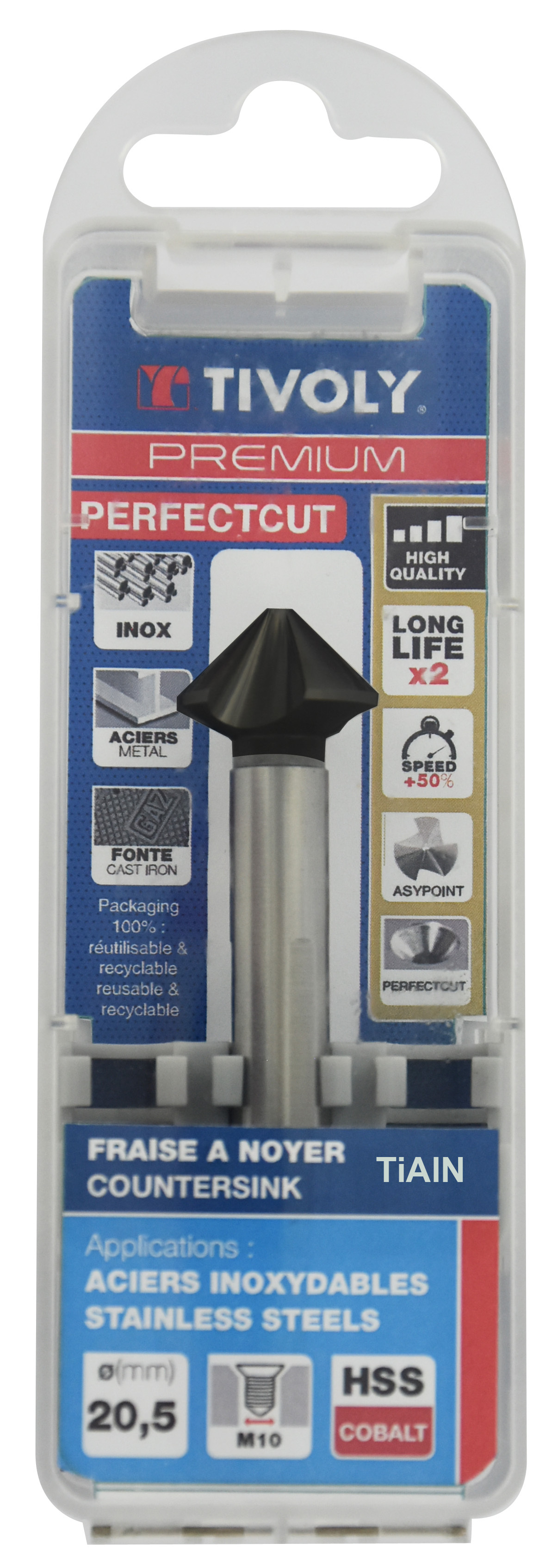 Fraise à noyer PERFECTCUT 90° HSS-E5 Revêtues TiAlN -DIN 335C - Affûtage ASYPOINT - Queue à 3 méplats / Ø: 20.5 / L: 63 TIVOLY - 10366312050