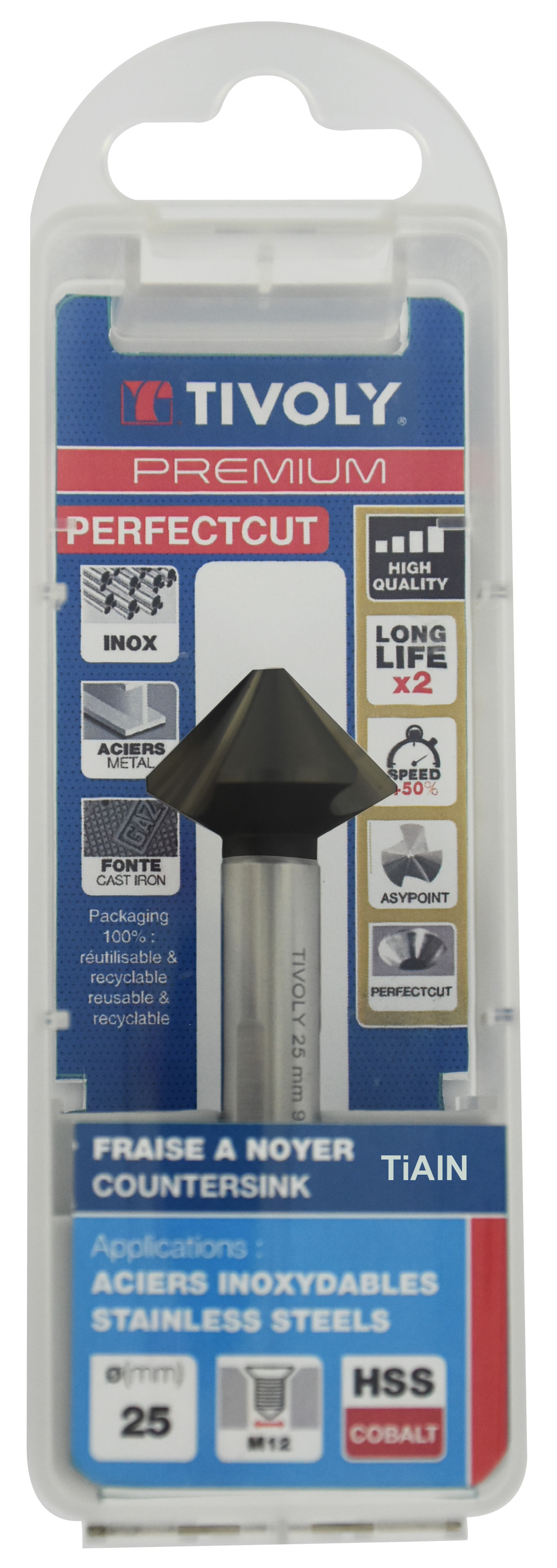 Fraise à noyer PERFECTCUT 90° HSS-E5 Revêtues TiAlN -DIN 335C - Affûtage ASYPOINT - Queue à 3 méplats / Ø: 25 / L: 67 TIVOLY - 10366312500