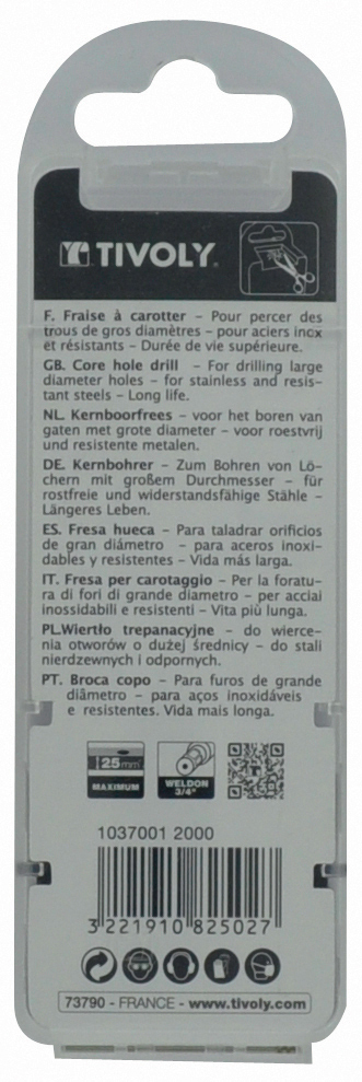 Fraise à carotter HSS revêtement TiAlN - Série courte - Weldon TIVOLY - 10370013700