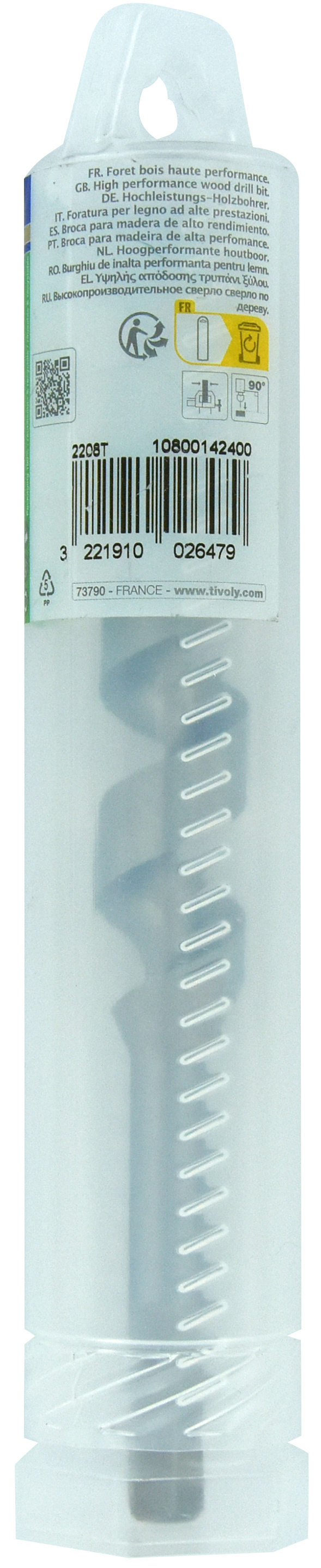 Foret bois spirale unique - Queue hexagonale (Etui plastique) / L: 200 Ø: 24 TIVOLY - 10800142400
