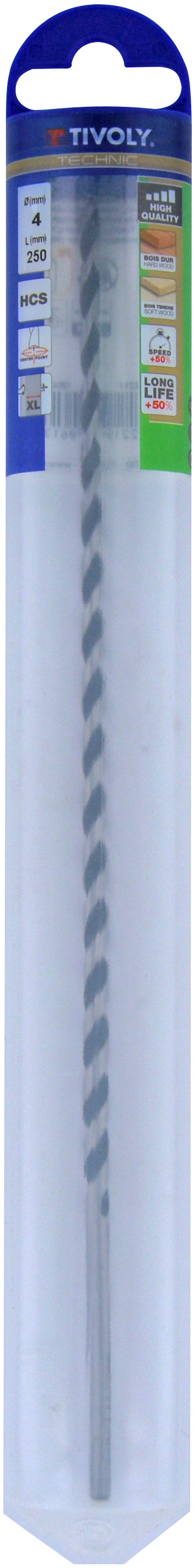 Foret bois 3 pointes L250mm -Queue cylindrique (Blister) / L: 250 Ø: 4 TIVOLY - 10804220400