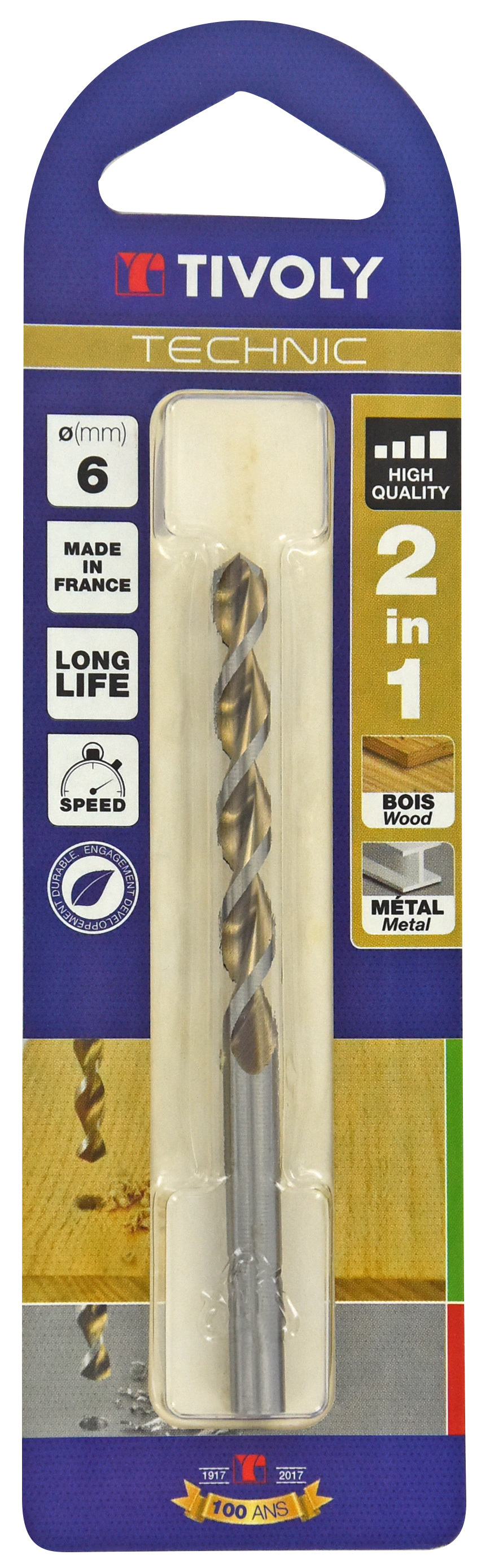 Foret 2 en 1 HSS Bois/Métaux -Pointe en croix -Goujures grand dégagement / L: 93 Ø: 6 TIVOLY - 10804420600