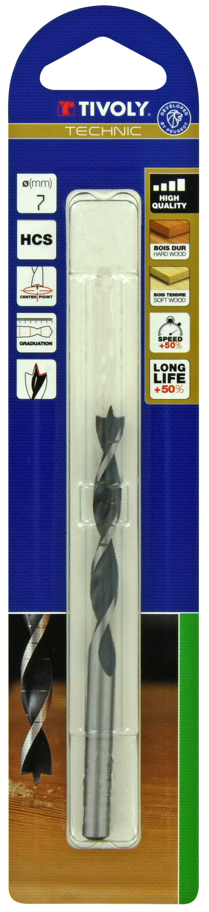 Foret bois 3 pointes -Queue cylindrique -Gradué SLR (Blister) / L: 109 Ø: 7 TIVOLY - 10863820700