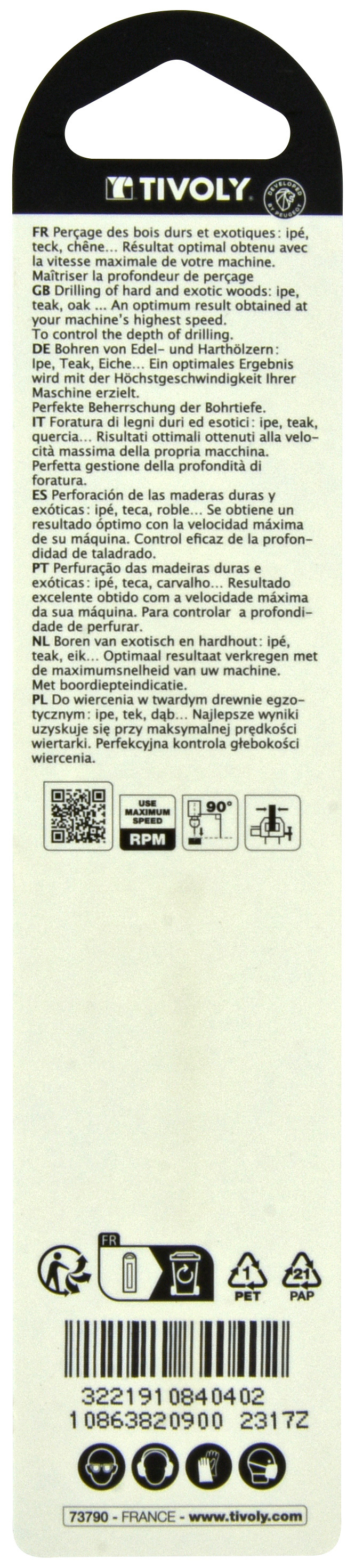Foret bois 3 pointes -Queue cylindrique -Gradué SLR (Blister) / L: 125 Ø: 9 TIVOLY - 10863820900