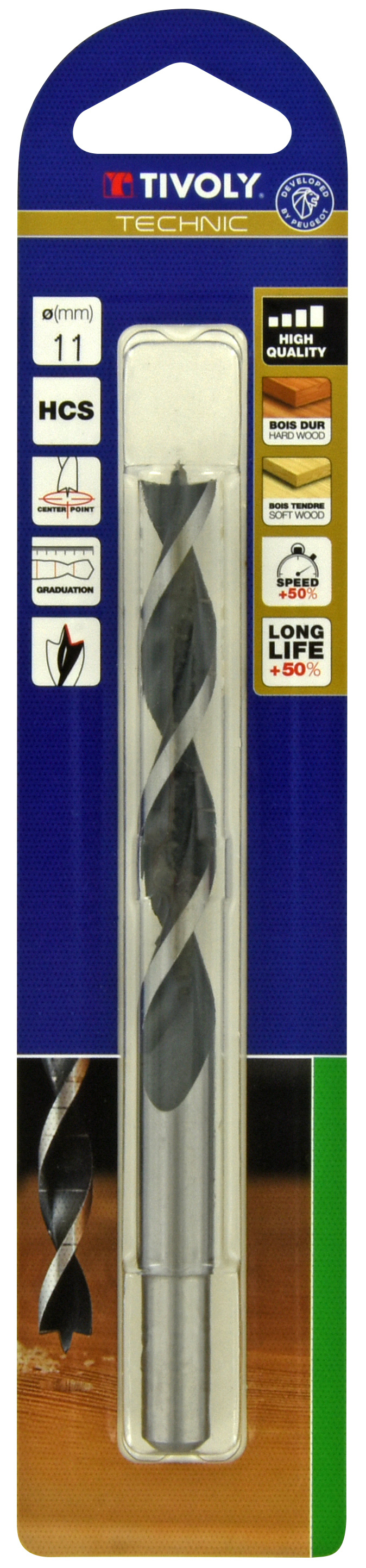 Foret bois 3 pointes -Queue cylindrique -Gradué SLR (Blister) / L: 142 Ø: 11 TIVOLY - 10863821100