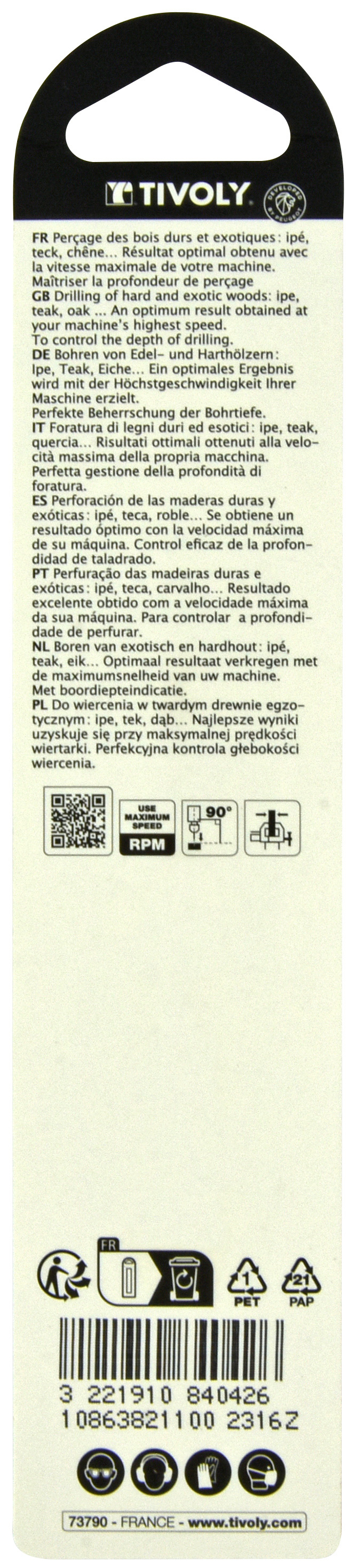 Foret bois 3 pointes -Queue cylindrique -Gradué SLR (Blister) / L: 142 Ø: 11 TIVOLY - 10863821100