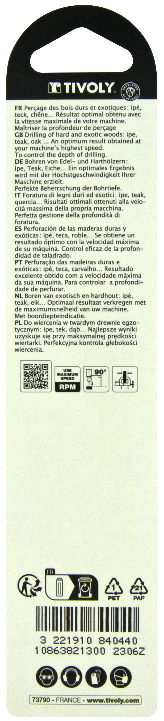Foret bois 3 pointes -Queue cylindrique -Gradué SLR (Blister) / L: 151 Ø: 13 TIVOLY - 10863821300