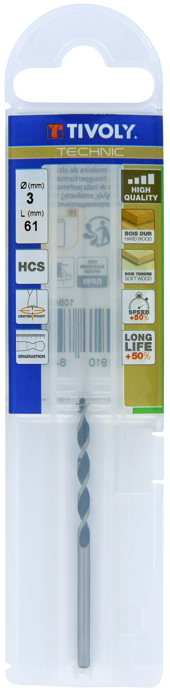 Foret bois 3 pointes -Queue cylindrique -Gradué SLR / L: 61 Ø: 3 TIVOLY - 10863840300