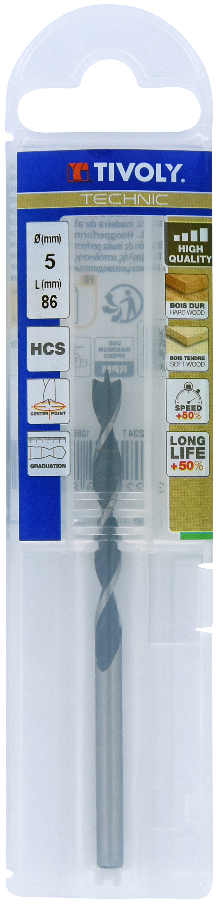 Foret bois 3 pointes -Queue cylindrique -Gradué SLR / L: 86 Ø: 5 TIVOLY - 10863840500