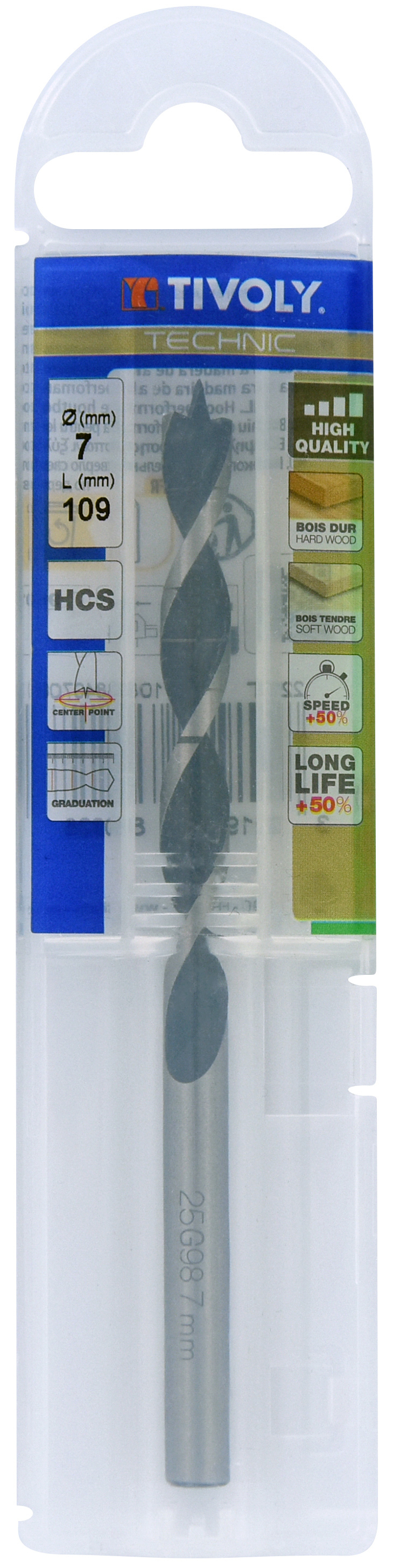 Foret bois 3 pointes -Queue cylindrique -Gradué SLR / L: 109 Ø: 7 TIVOLY - 10863840700