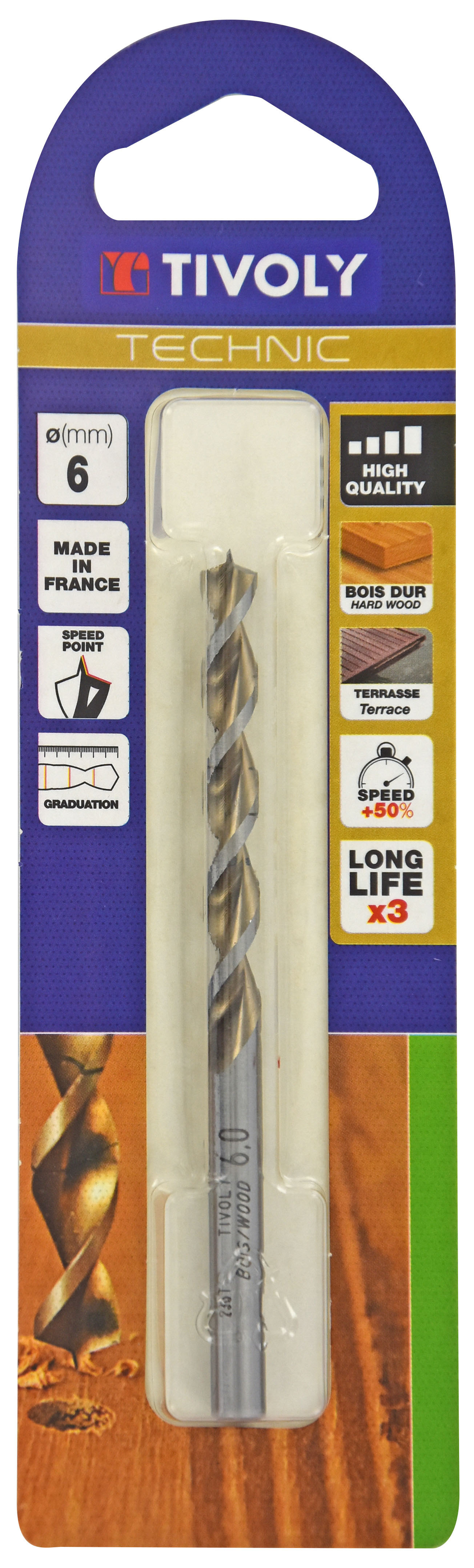 Foret bois HSS -Affûtage Speed point -Queue à 3 méplats Gradué SLR / L: 93 Ø: 6 TIVOLY - 10864020600