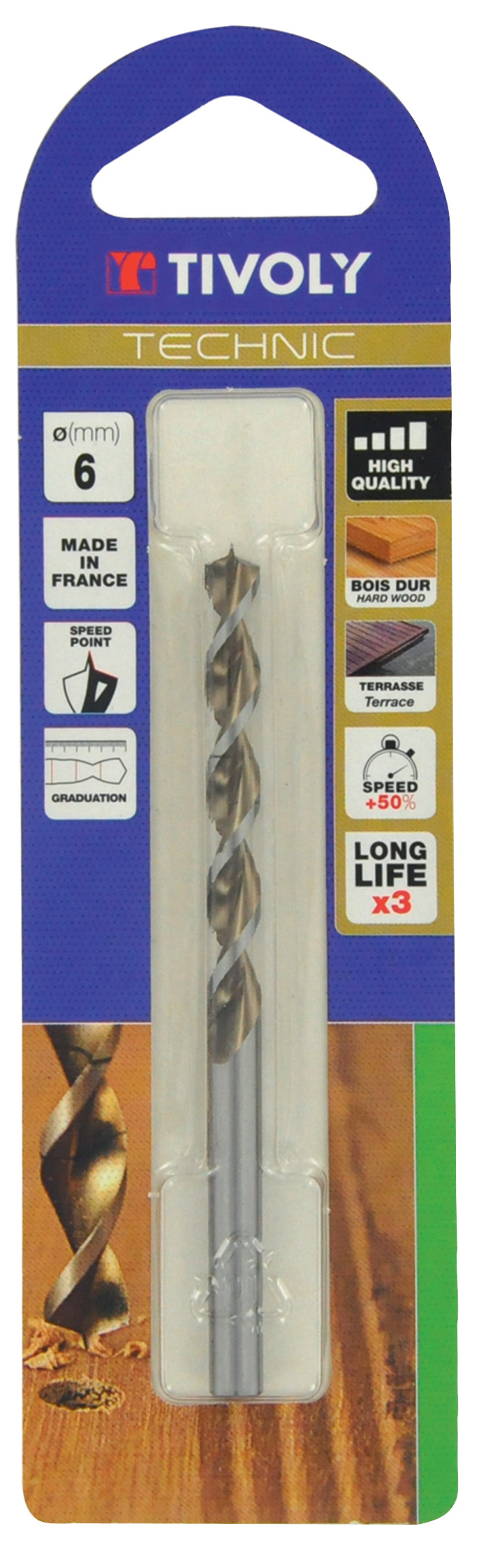Foret bois HSS -Affûtage Speed point -Queue à 3 méplats Gradué SLR / L: 125 Ø: 9 TIVOLY - 10864020900