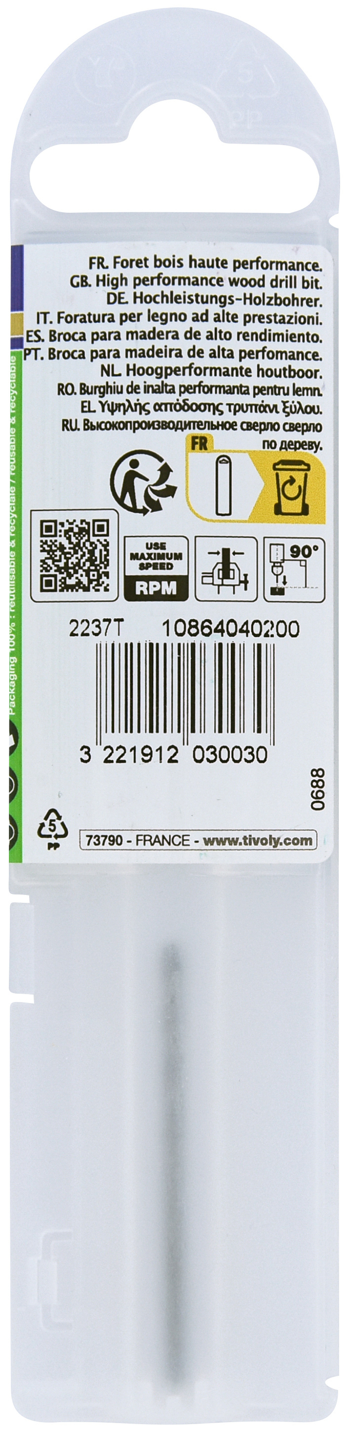 Foret bois HSS -Affûtage Speed point - Queue à 3 méplats -Gradué SLR / L: 49 Ø: 2 TIVOLY - 10864040200