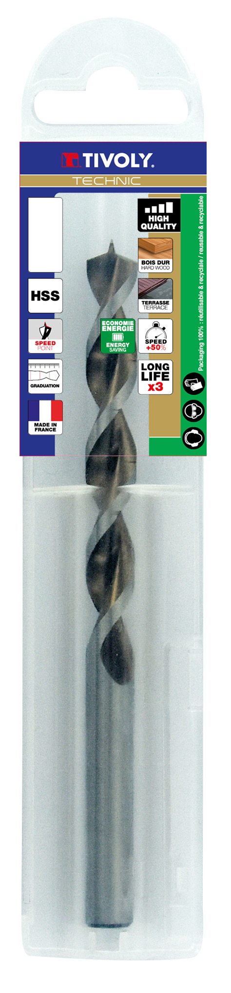 Foret bois HSS -Affûtage Speed point - Queue à 3 méplats -Gradué SLR / L: 49 Ø: 2.5 TIVOLY - 10864040250