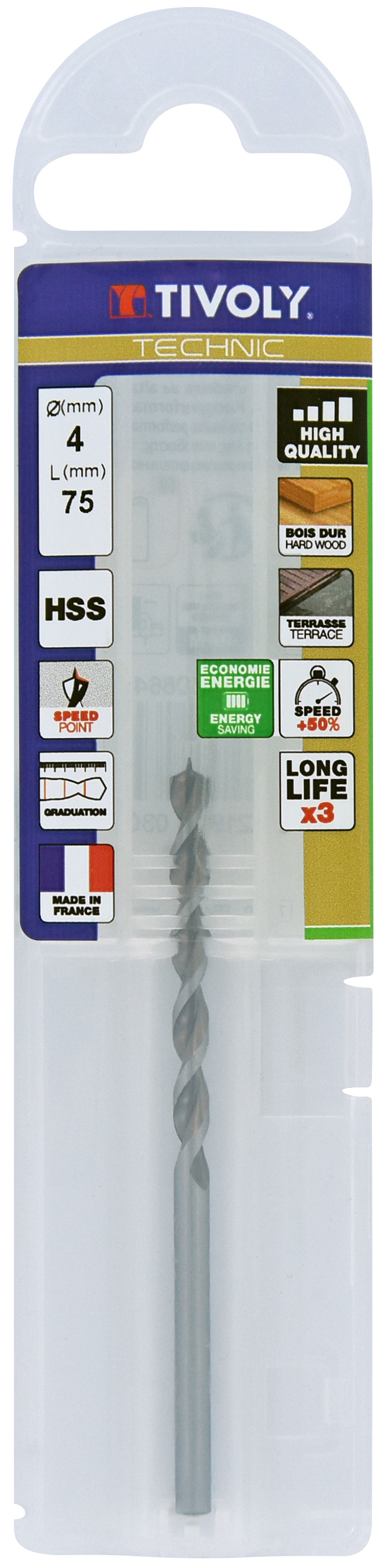 Foret bois HSS -Affûtage Speed point - Queue à 3 méplats -Gradué SLR / L: 75 Ø: 4 TIVOLY - 10864040400