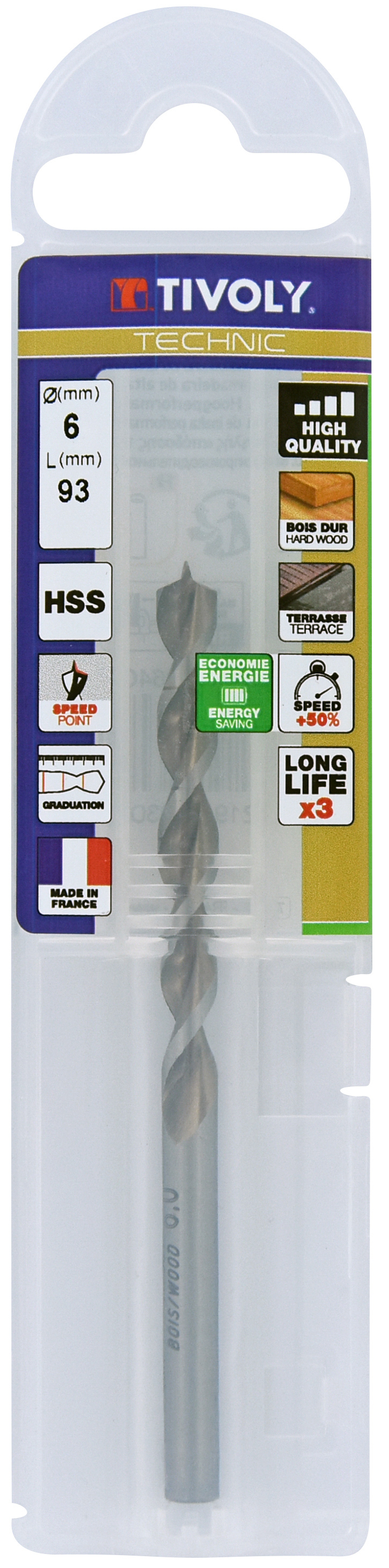 Foret bois HSS -Affûtage Speed point - Queue à 3 méplats -Gradué SLR / L: 93 Ø: 6 TIVOLY - 10864040600