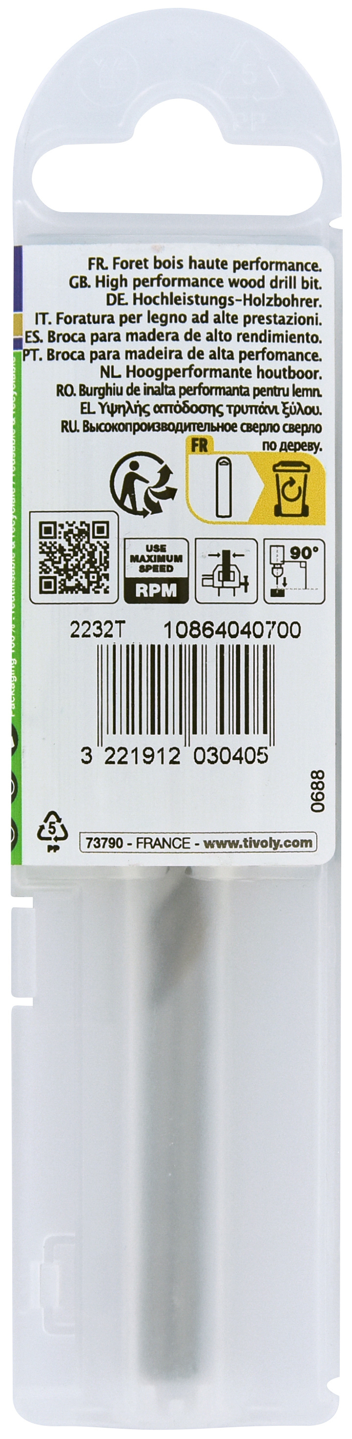 Foret bois HSS -Affûtage Speed point - Queue à 3 méplats -Gradué SLR / L: 109 Ø: 7 TIVOLY - 10864040700