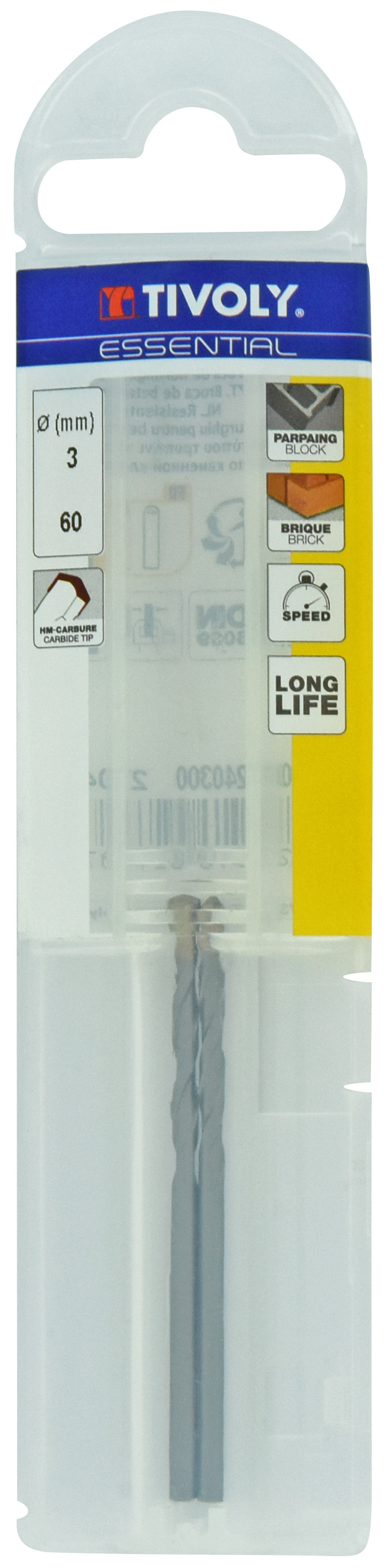 Foret bétons -Queue cylindrique (Etui plastique) / L: 60 Ø: 3 TIVOLY - 10900240300