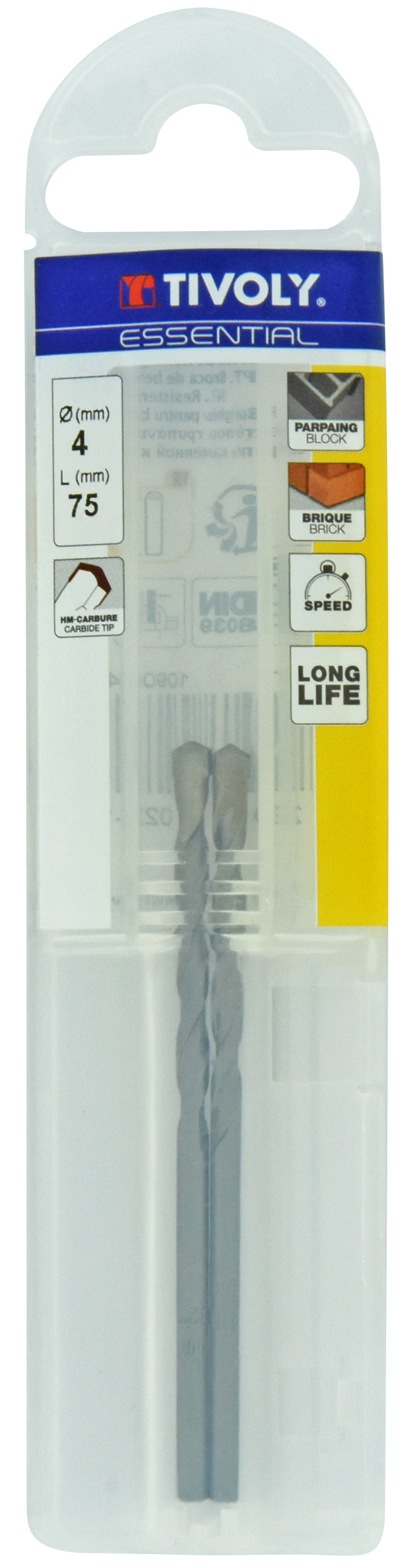 Foret bétons -Queue cylindrique (Etui plastique) / L: 75 Ø: 4 TIVOLY - 10900240400