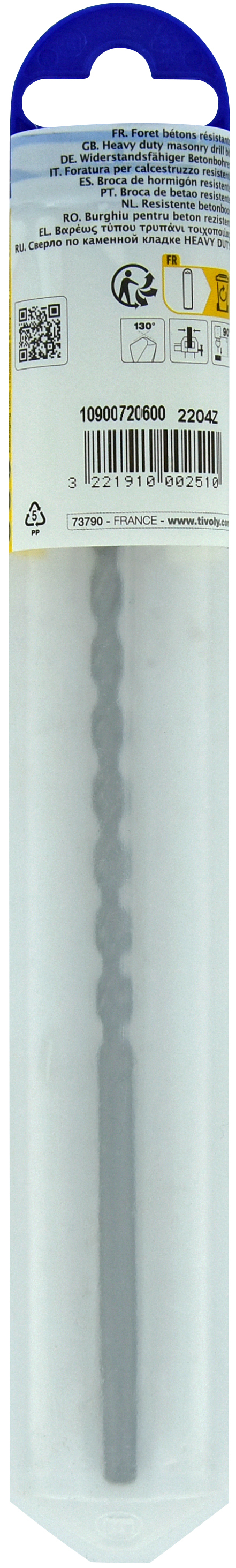 Foret bétons L200mm -Queue cylindrique (Blister) / L: 200 Ø: 6 TIVOLY - 10900720600