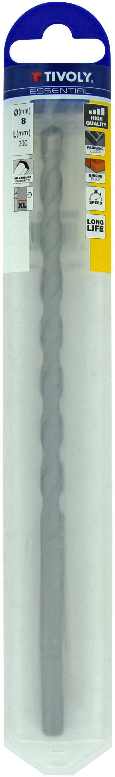 Foret bétons L200mm -Queue cylindrique (Blister) / L: 200 Ø: 8 TIVOLY - 10900720800