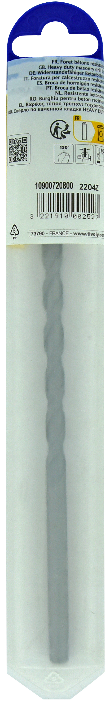 Foret bétons L200mm -Queue cylindrique (Blister) / L: 200 Ø: 8 TIVOLY - 10900720800