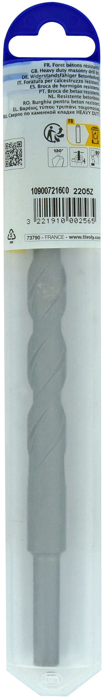 Foret bétons L200mm -Queue cylindrique (Blister) / L: 200 Ø: 16 TIVOLY - 10900721600