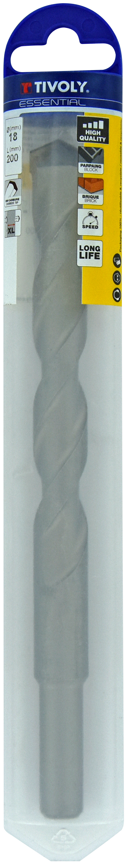 Foret bétons L200mm -Queue cylindrique (Blister) / L: 200 Ø: 18 TIVOLY - 10900721800