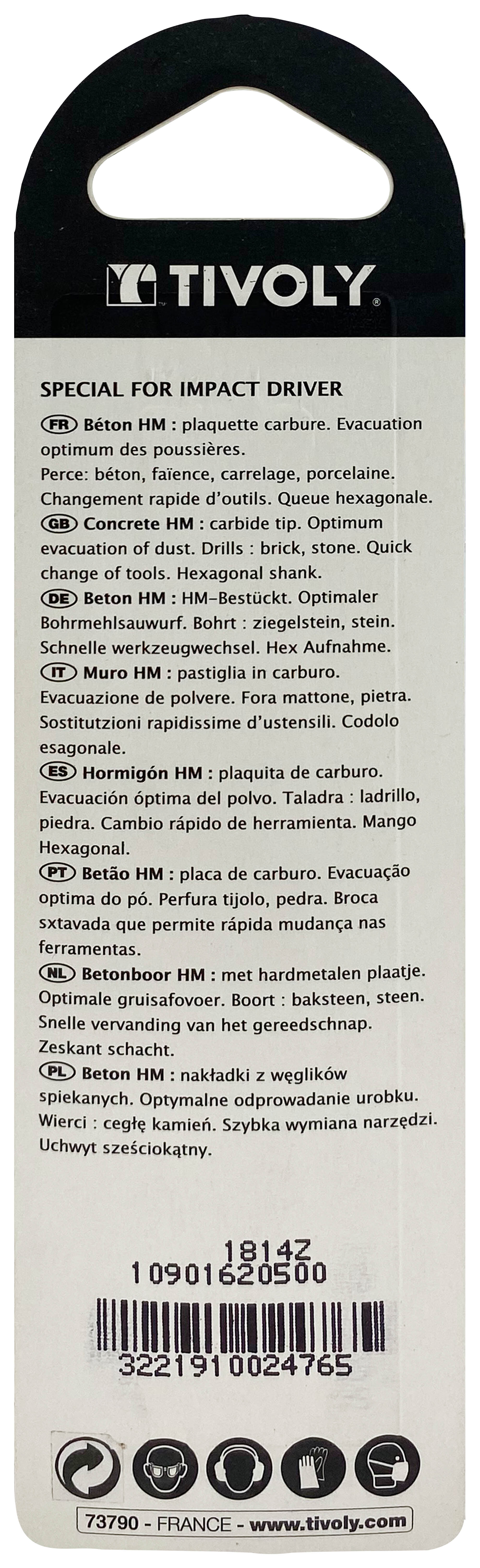 Foret bétons Shock Serie -Queue hexagonale monobloc (Blister) / L: 85 Ø: 5 TIVOLY - 10901620500